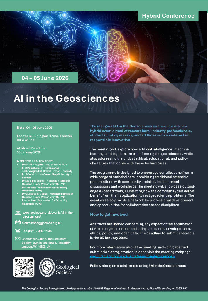 AI in Geosciences Conference 2026 banner showing hybrid event in London with focus on artificial intelligence, machine learning, and geoscience research