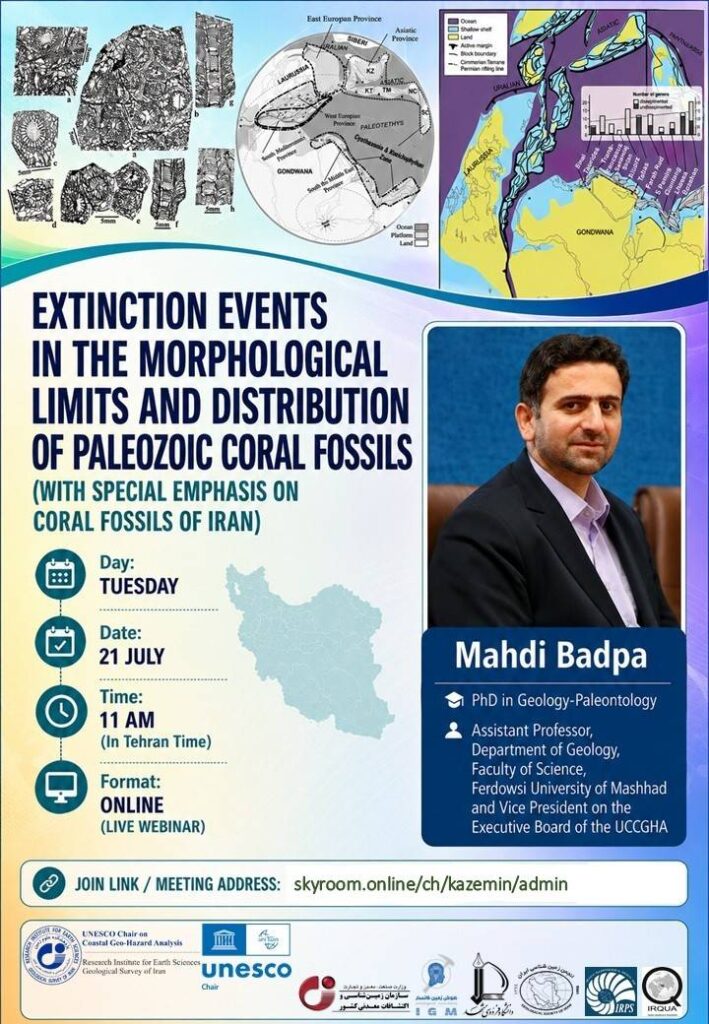 Poster for the UNESCO webinar on Paleozoic coral extinction events and Iranian coral fossil records, presented by Dr. Mahdi Badpa on July 21, 2026.