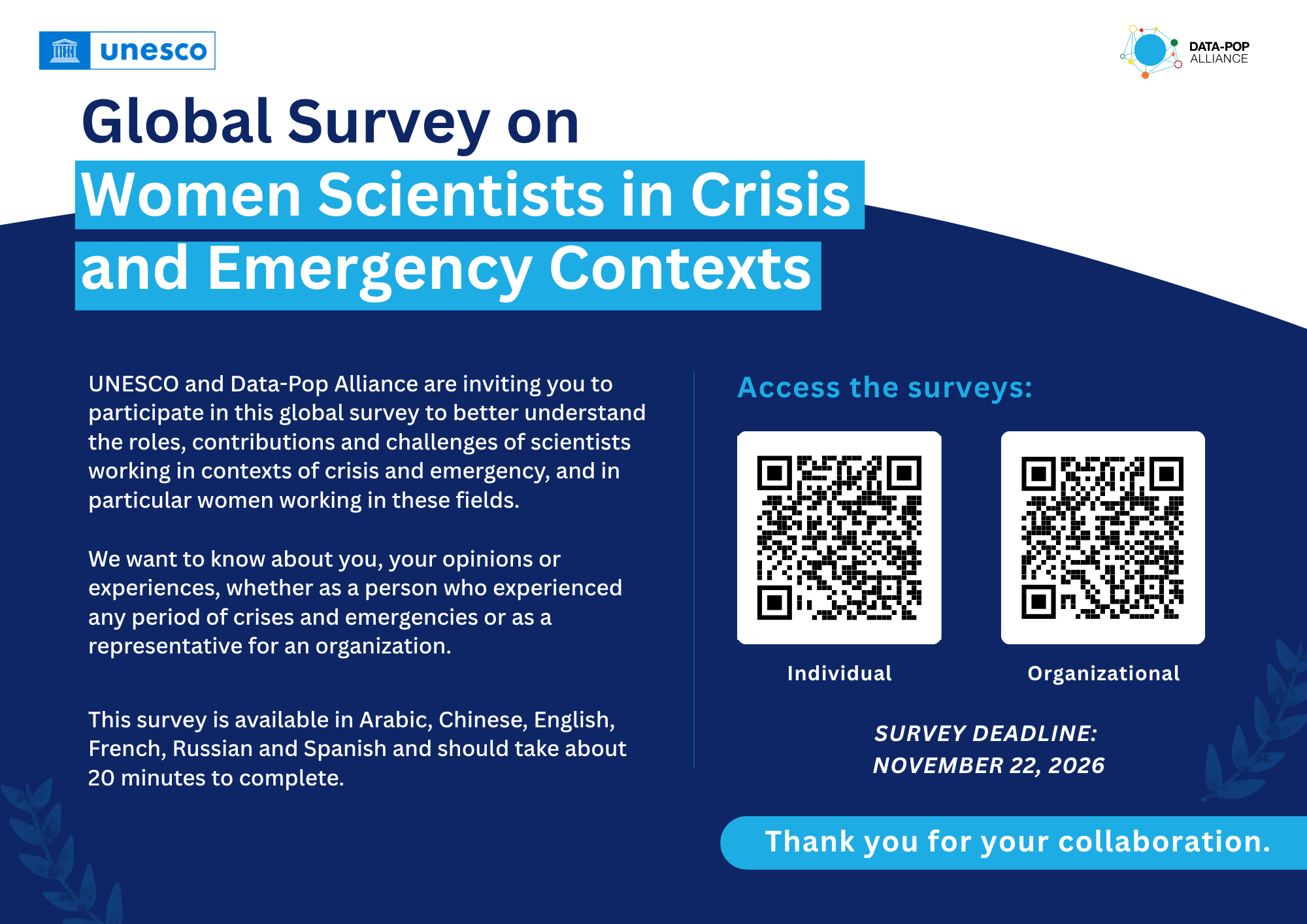 English flyer for the UNESCO Global Survey on Women Scientists in Crisis and Emergency Contexts